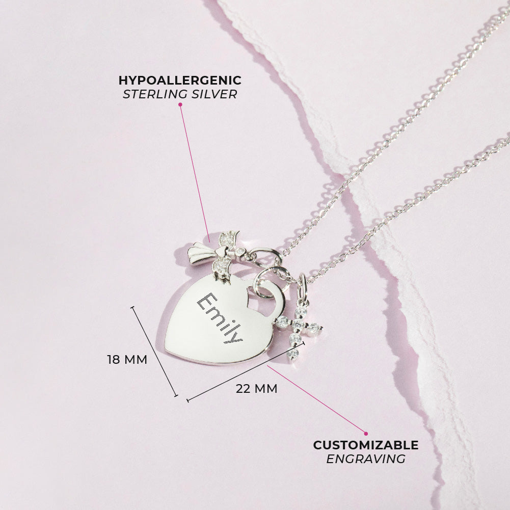 Halo Engraved Heart Pendant Necklace - Silver - Oak & Luna